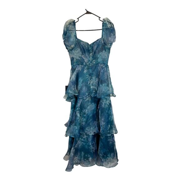 Lulu's Lulus Darling Vision Teal Floral Organza Puff Sleeve Tiered Midi Dress M - Picture 13 of 16